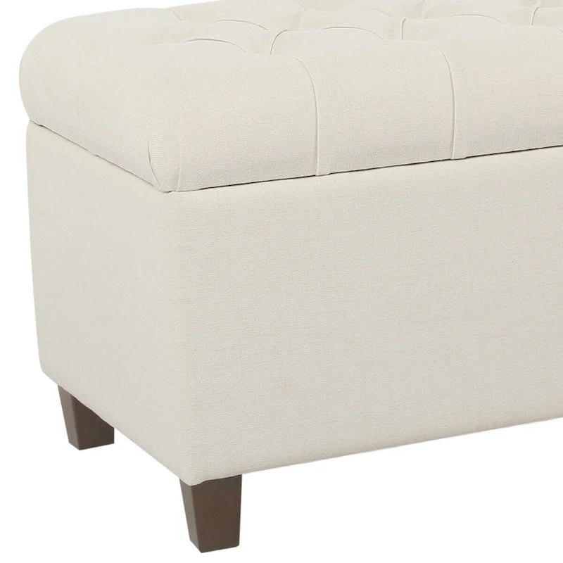 Banc en bois capitonné en tissu avec rangement à charnières, blanc et marron