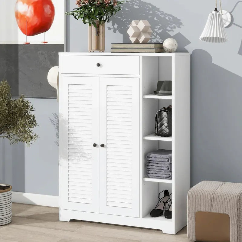 Meuble de rangement à chaussures autoportant avec 2 portes persiennes et étagère de rangement réglable