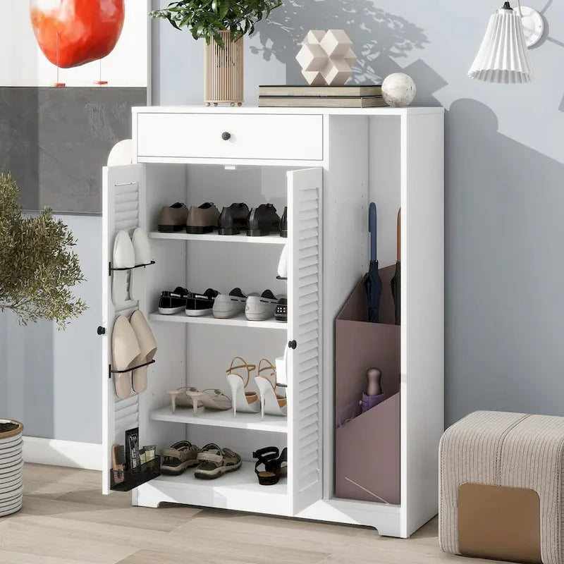 Meuble de rangement à chaussures autoportant avec 2 portes persiennes et étagère de rangement réglable