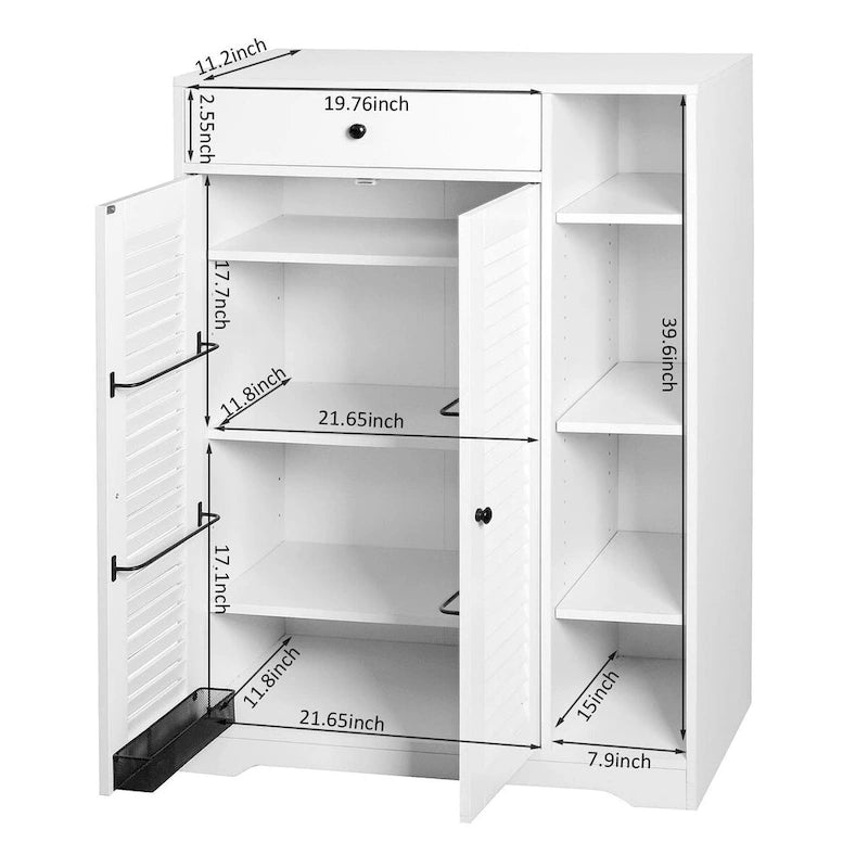 Meuble de rangement à chaussures autoportant avec 2 portes persiennes et étagère de rangement réglable