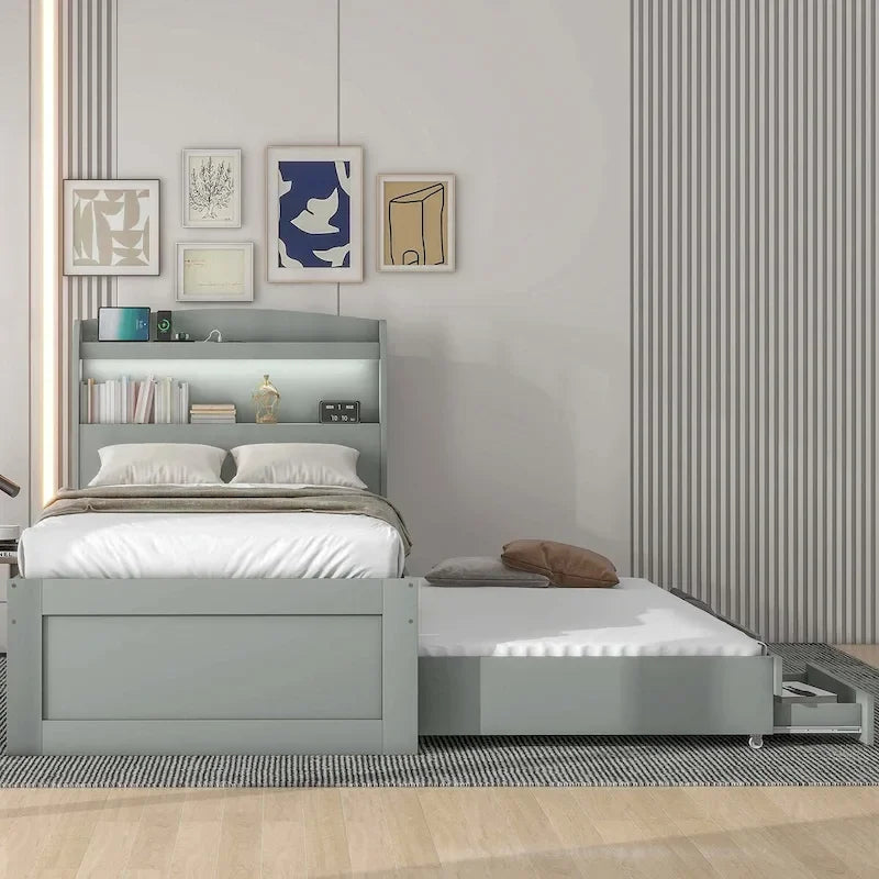 Lit plateforme Twin XL avec tête de lit LED et lit gigogne Twin