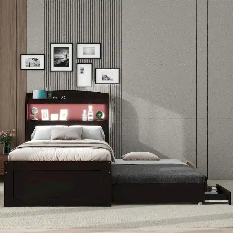 Lit plateforme Twin XL avec tête de lit LED et lit gigogne Twin