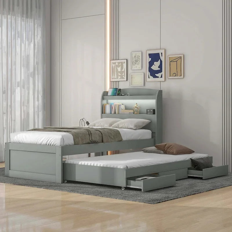 Lit plateforme Twin XL avec tête de lit LED et lit gigogne Twin