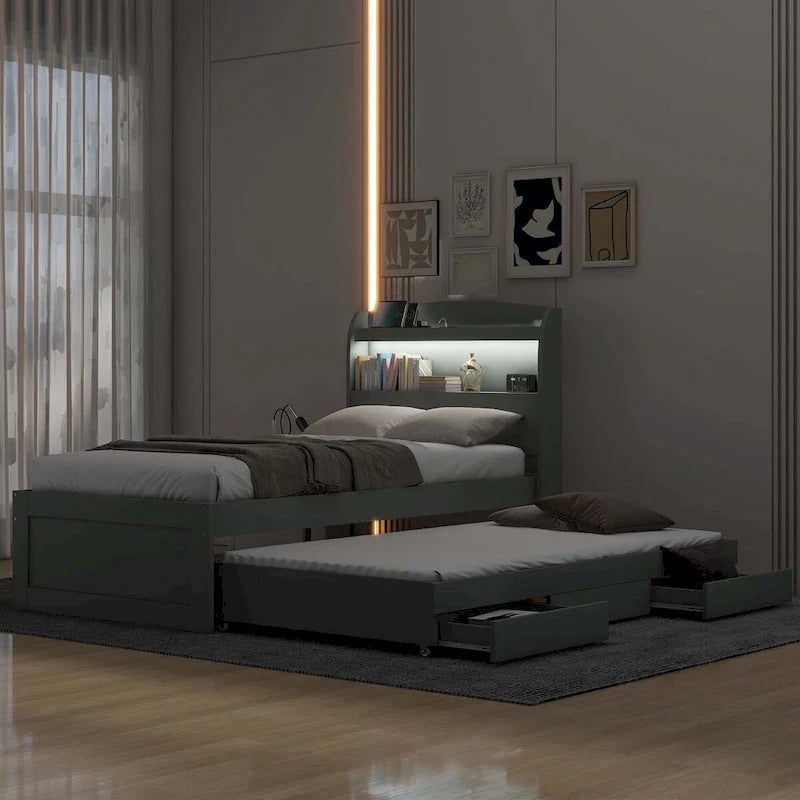 Lit plateforme Twin XL avec tête de lit LED et lit gigogne Twin