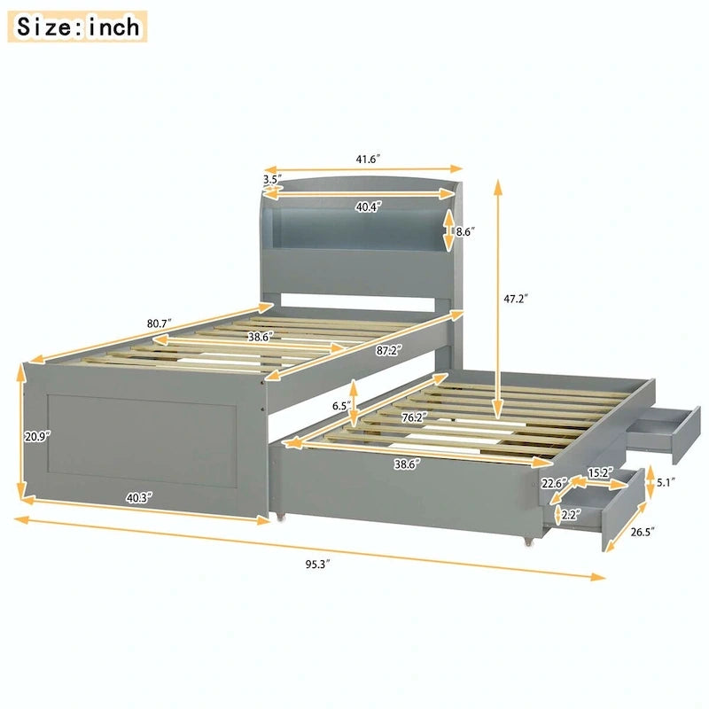 Lit plateforme Twin XL avec tête de lit LED et lit gigogne Twin