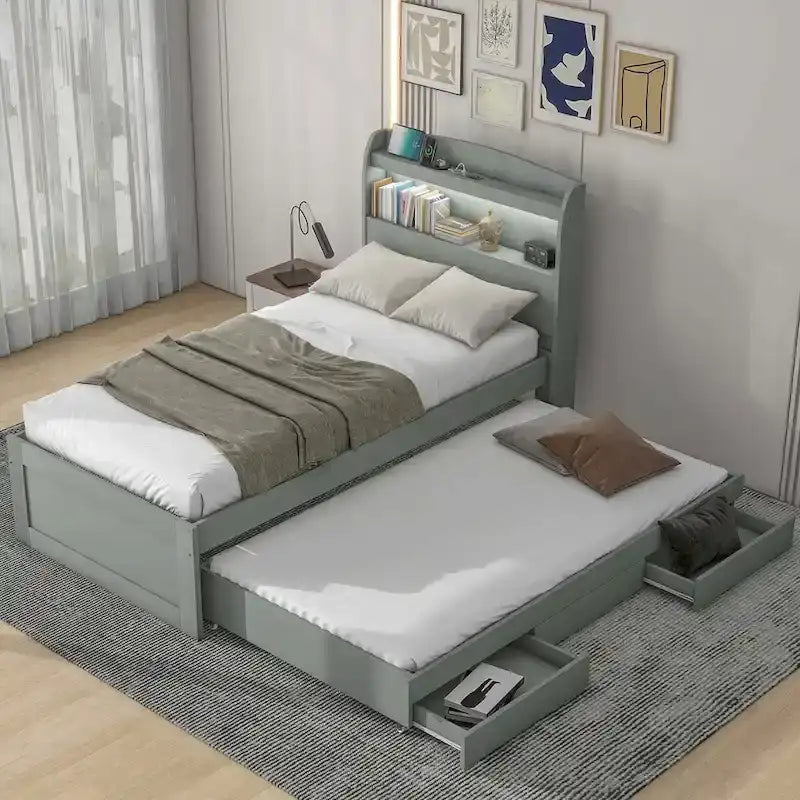 Lit plateforme Twin XL avec tête de lit LED et lit gigogne Twin