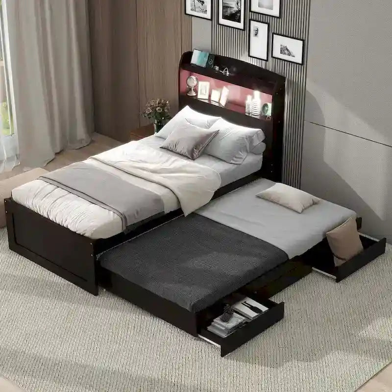 Lit plateforme Twin XL avec tête de lit LED et lit gigogne Twin