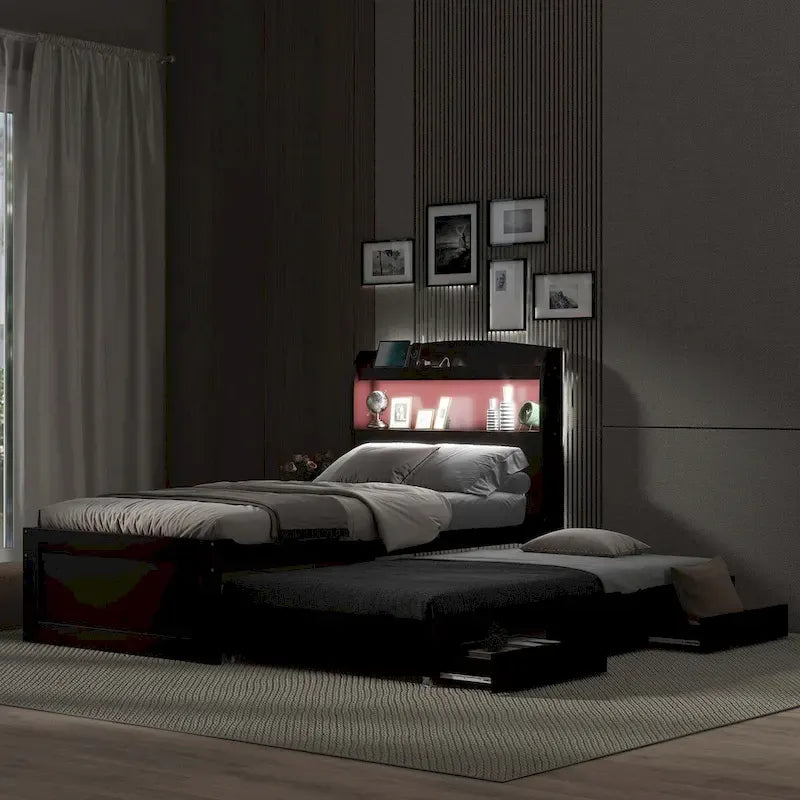 Lit plateforme Twin XL avec tête de lit LED et lit gigogne Twin