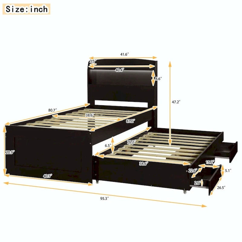 Lit plateforme Twin XL avec tête de lit LED et lit gigogne Twin
