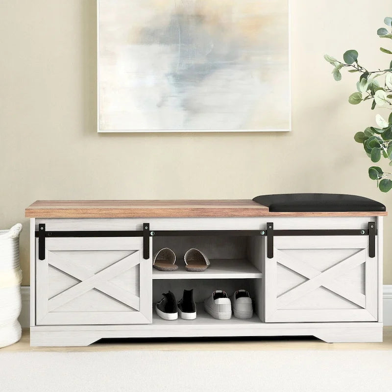 Banc de rangement en bois de style ferme vintage avec portes coulissantes