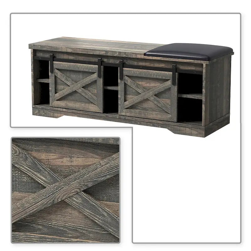 Banc de rangement en bois de style ferme vintage avec portes coulissantes