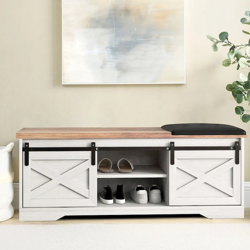 Banc de rangement en bois de style ferme vintage avec portes coulissantes