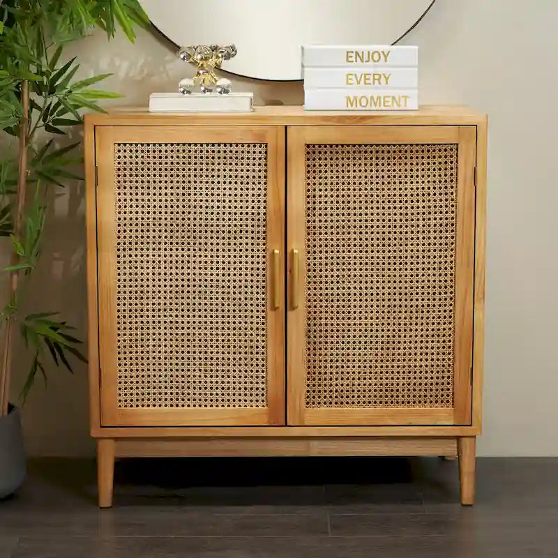 Meuble en bois 1 étagère et 2 portes avec façades en cannage et poignées dorées