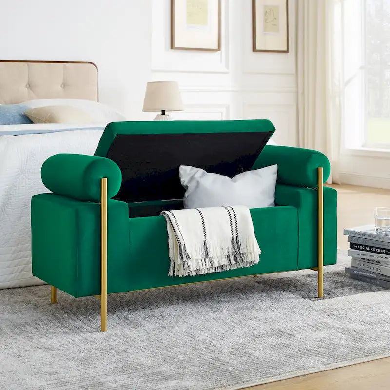 Banc de rangement capitonné en lin avec accoudoirs cylindriques