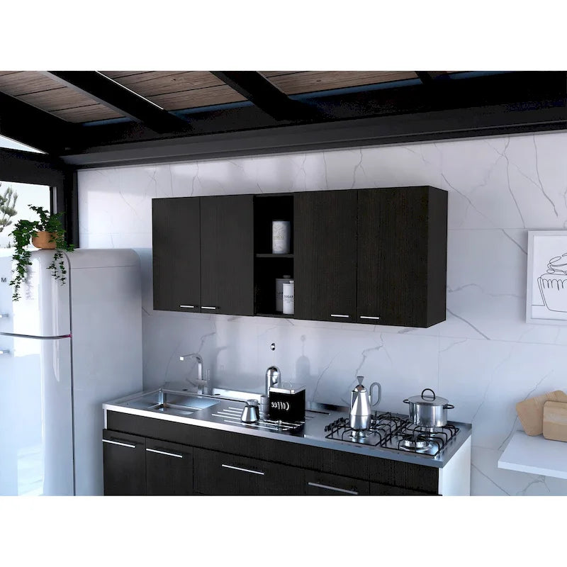 Meuble haut 150, double porte, deux étagères extérieures, deux étagères intérieures