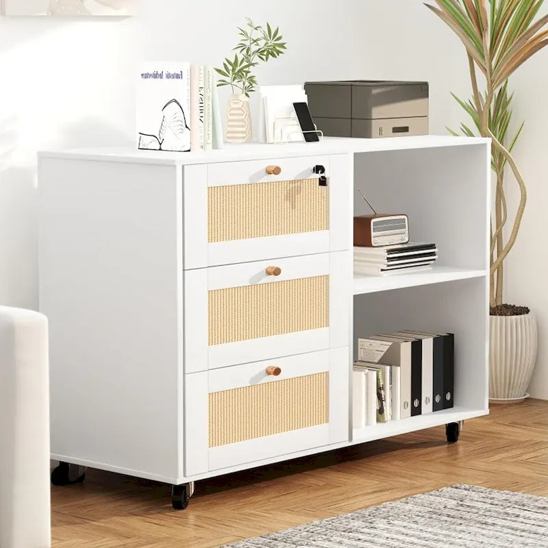 Meuble de rangement à tiroirs avec serrure, armoire de rangement mobile, classeur latéral pour bureau à domicile avec étagères de rangement ouvertes