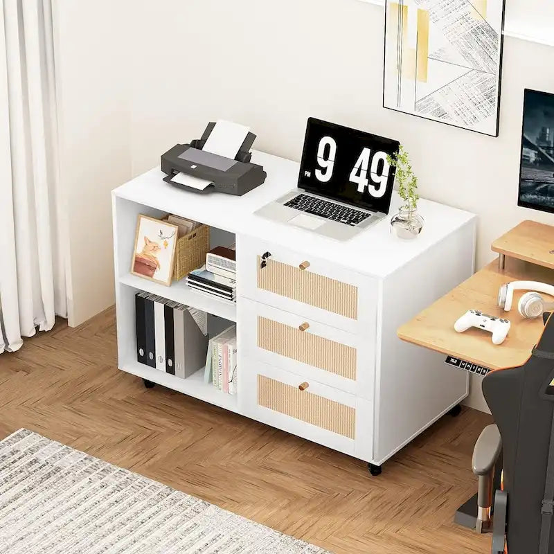 Meuble de rangement à tiroirs avec serrure, armoire de rangement mobile, classeur latéral pour bureau à domicile avec étagères de rangement ouvertes