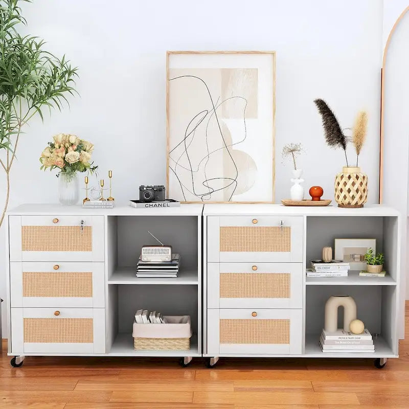 Meuble de rangement à tiroirs avec serrure, armoire de rangement mobile, classeur latéral pour bureau à domicile avec étagères de rangement ouvertes