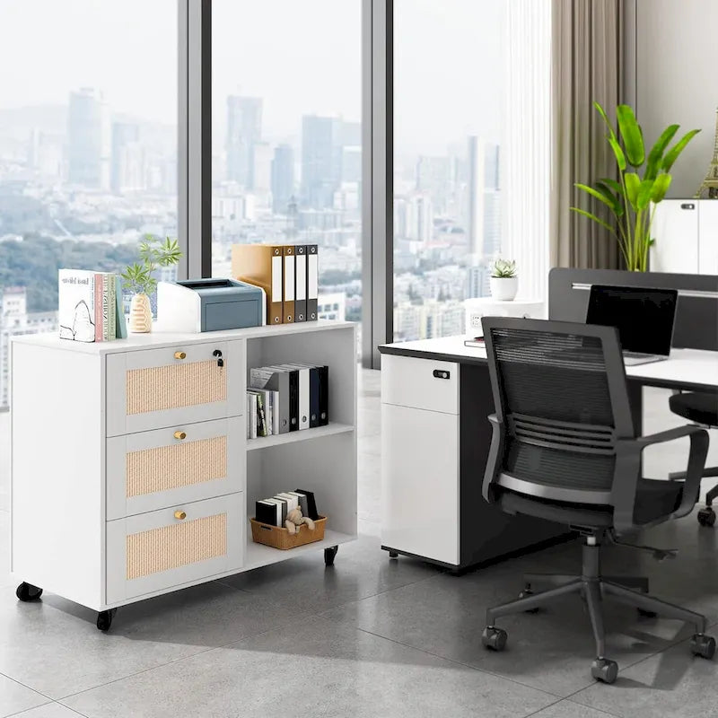 Meuble de rangement à tiroirs avec serrure, armoire de rangement mobile, classeur latéral pour bureau à domicile avec étagères de rangement ouvertes
