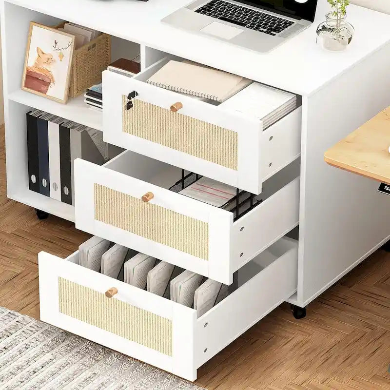 Meuble de rangement à tiroirs avec serrure, armoire de rangement mobile, classeur latéral pour bureau à domicile avec étagères de rangement ouvertes