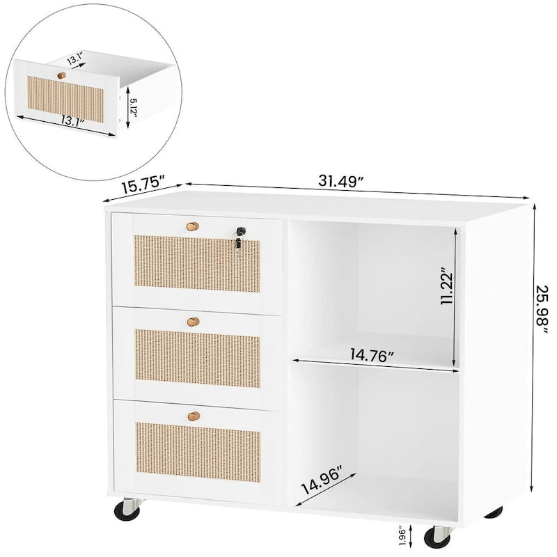 Meuble de rangement à tiroirs avec serrure, armoire de rangement mobile, classeur latéral pour bureau à domicile avec étagères de rangement ouvertes