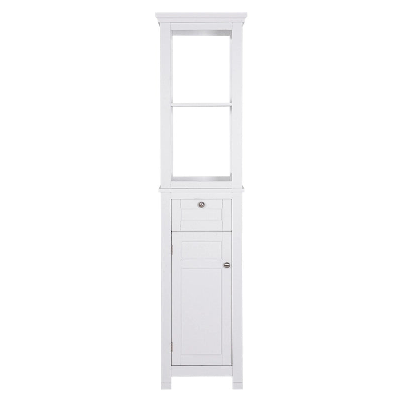 Meuble de rangement autoportant pour salle de bain avec deux étagères ouvertes, tour haute et étroite avec porte et tiroir