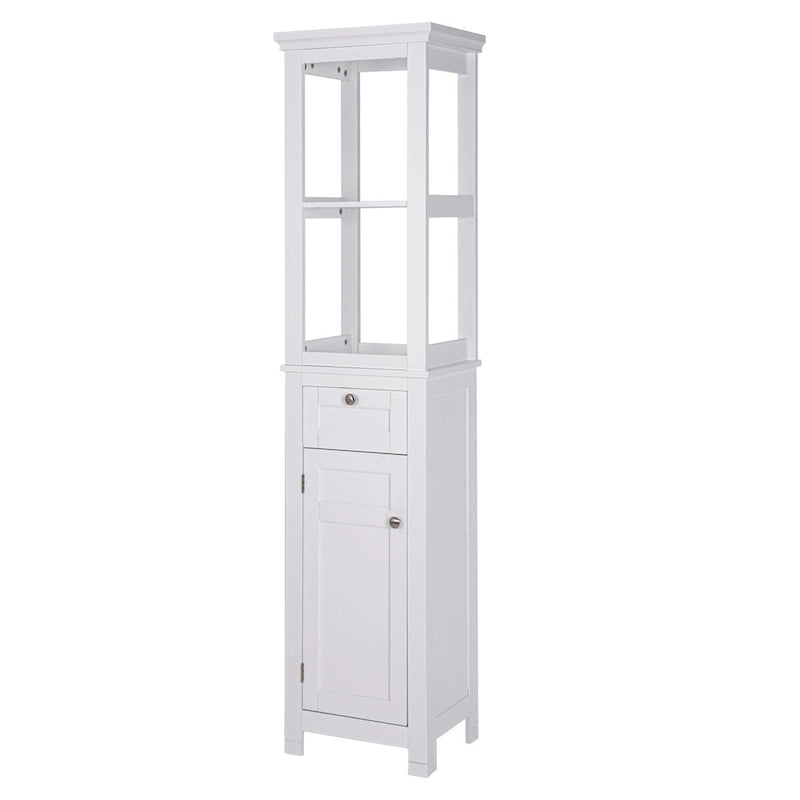 Meuble de rangement autoportant pour salle de bain avec deux étagères ouvertes, tour haute et étroite avec porte et tiroir