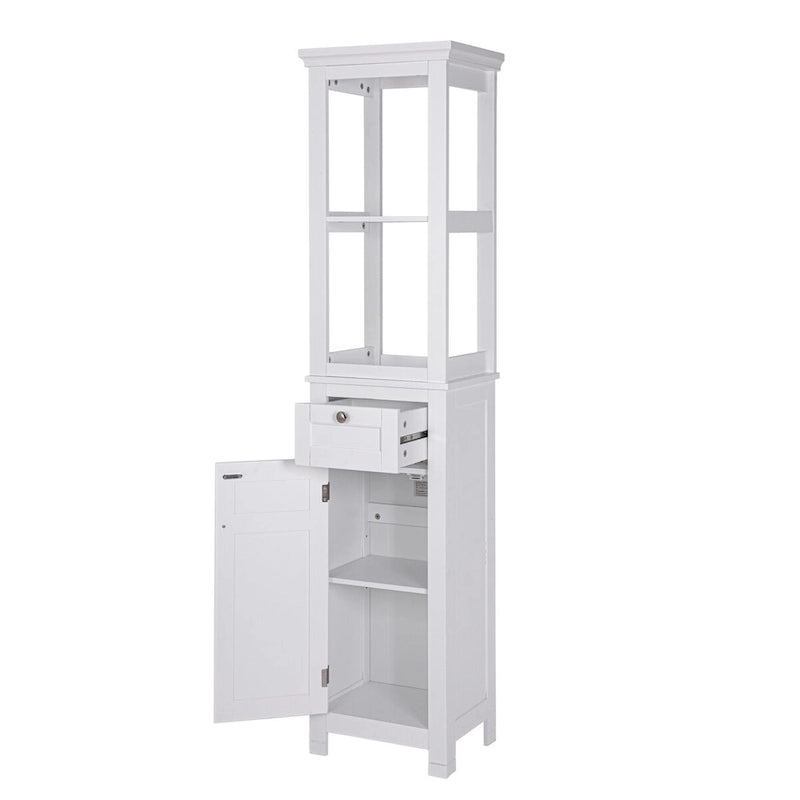 Meuble de rangement autoportant pour salle de bain avec deux étagères ouvertes, tour haute et étroite avec porte et tiroir