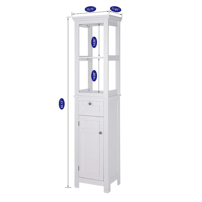 Meuble de rangement autoportant pour salle de bain avec deux étagères ouvertes, tour haute et étroite avec porte et tiroir