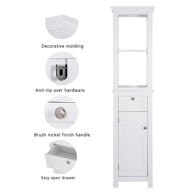 Meuble de rangement autoportant pour salle de bain avec deux étagères ouvertes, tour haute et étroite avec porte et tiroir