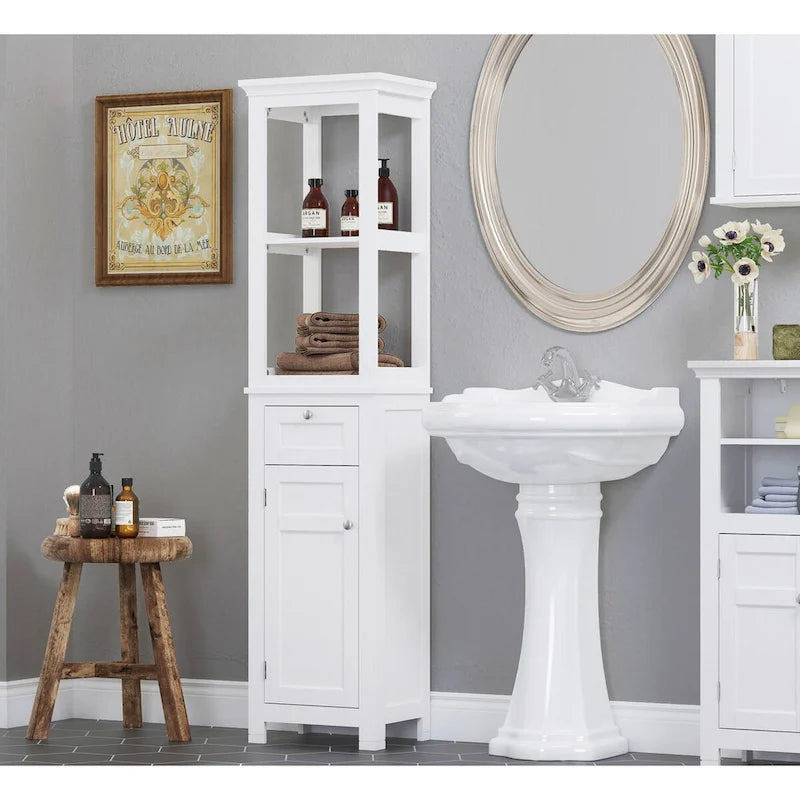 Meuble de rangement autoportant pour salle de bain avec deux étagères ouvertes, tour haute et étroite avec porte et tiroir