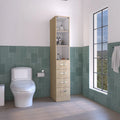 Meuble colonne de salle de bain moderne en lin, trois étagères, quatre tiroirs - Pin clair/Blanc