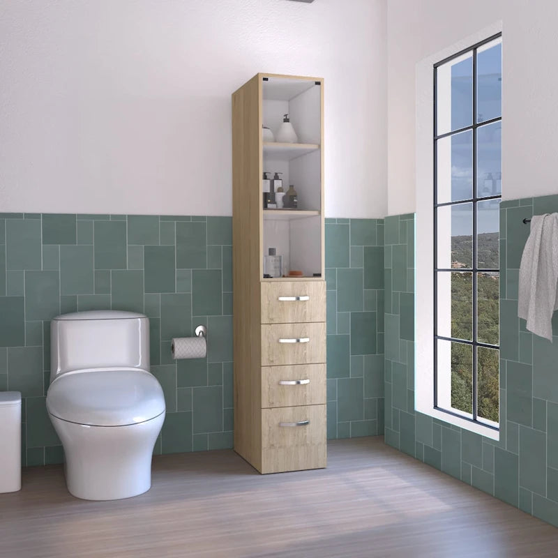 Meuble colonne de salle de bain moderne en lin, trois étagères, quatre tiroirs - Pin clair/Blanc