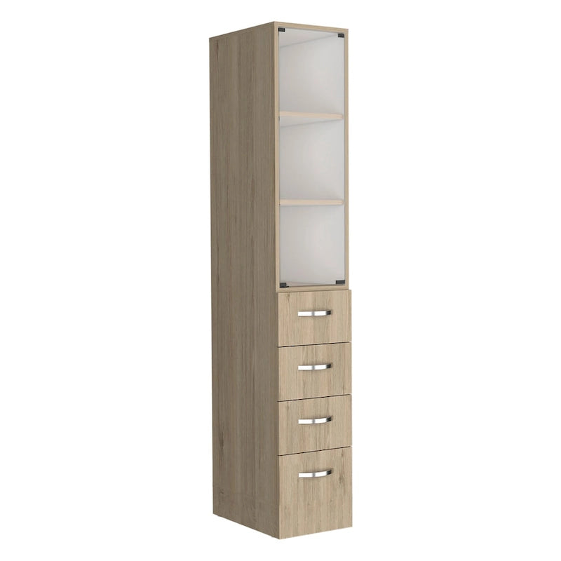 Meuble colonne de salle de bain moderne en lin, trois étagères, quatre tiroirs - Pin clair/Blanc