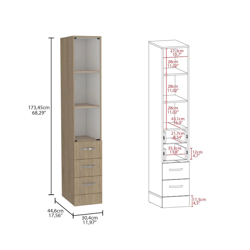 Meuble colonne de salle de bain moderne en lin, trois étagères, quatre tiroirs - Pin clair/Blanc