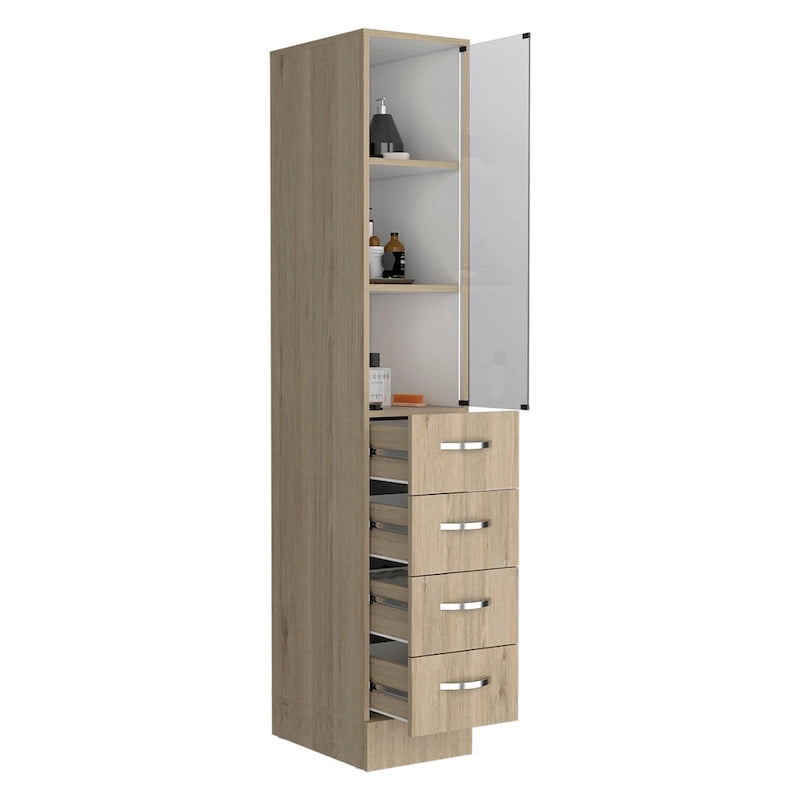 Meuble colonne de salle de bain moderne en lin, trois étagères, quatre tiroirs - Pin clair/Blanc
