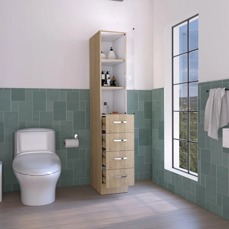 Meuble colonne de salle de bain moderne en lin, trois étagères, quatre tiroirs - Pin clair/Blanc