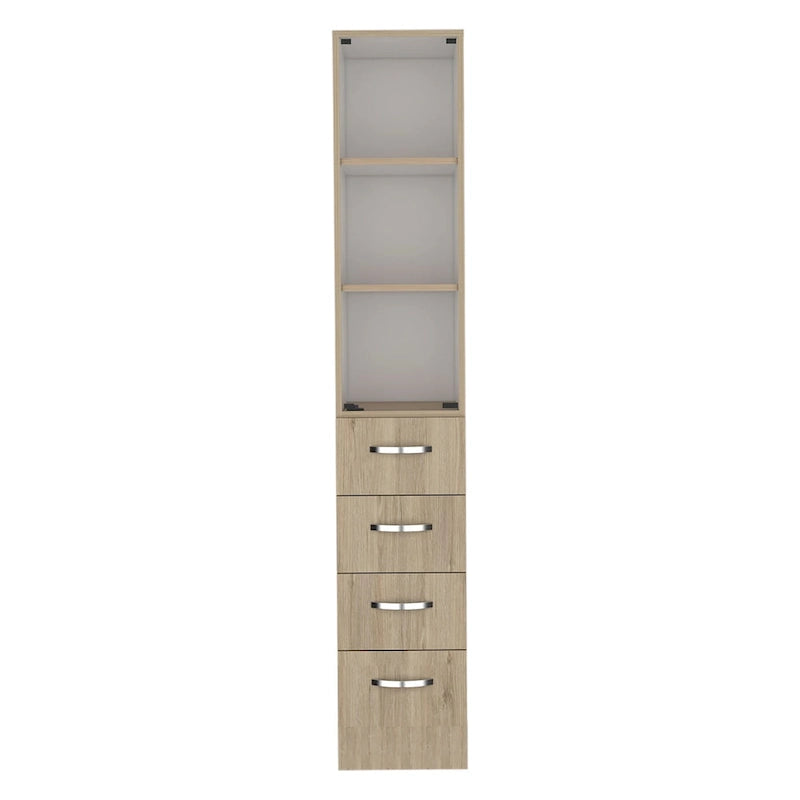 Meuble colonne de salle de bain moderne en lin, trois étagères, quatre tiroirs - Pin clair/Blanc