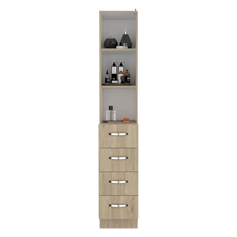 Meuble colonne de salle de bain moderne en lin, trois étagères, quatre tiroirs - Pin clair/Blanc