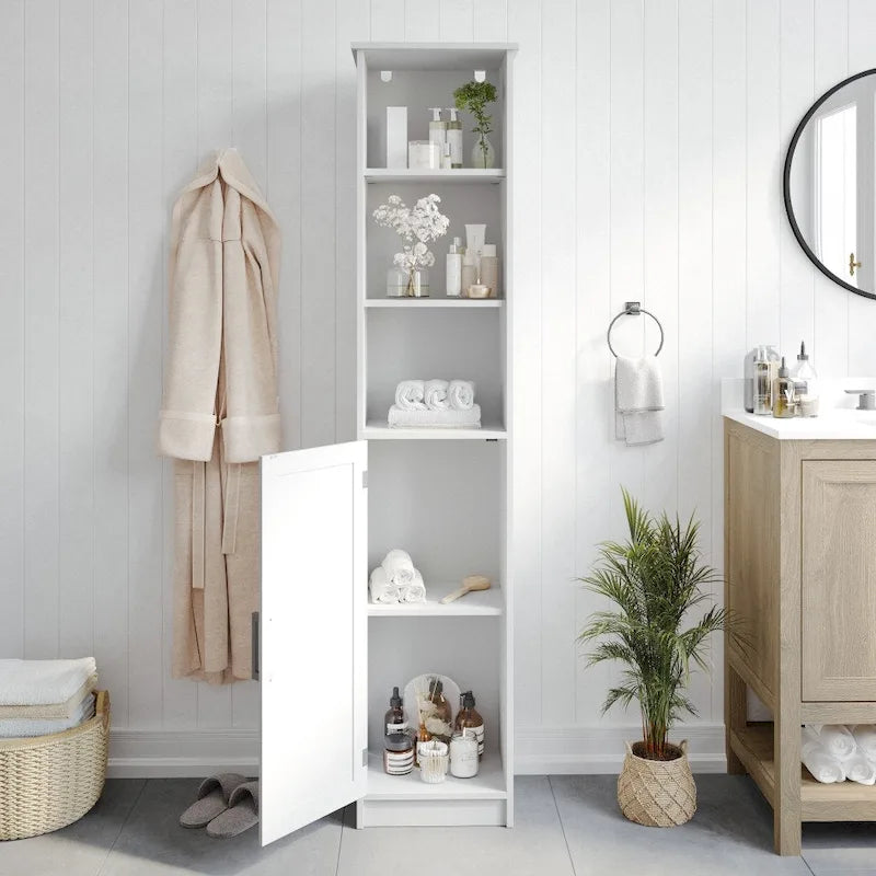 Colonne de rangement de salle de bain autoportante moderne avec étagères et porte à fermeture magnétique
