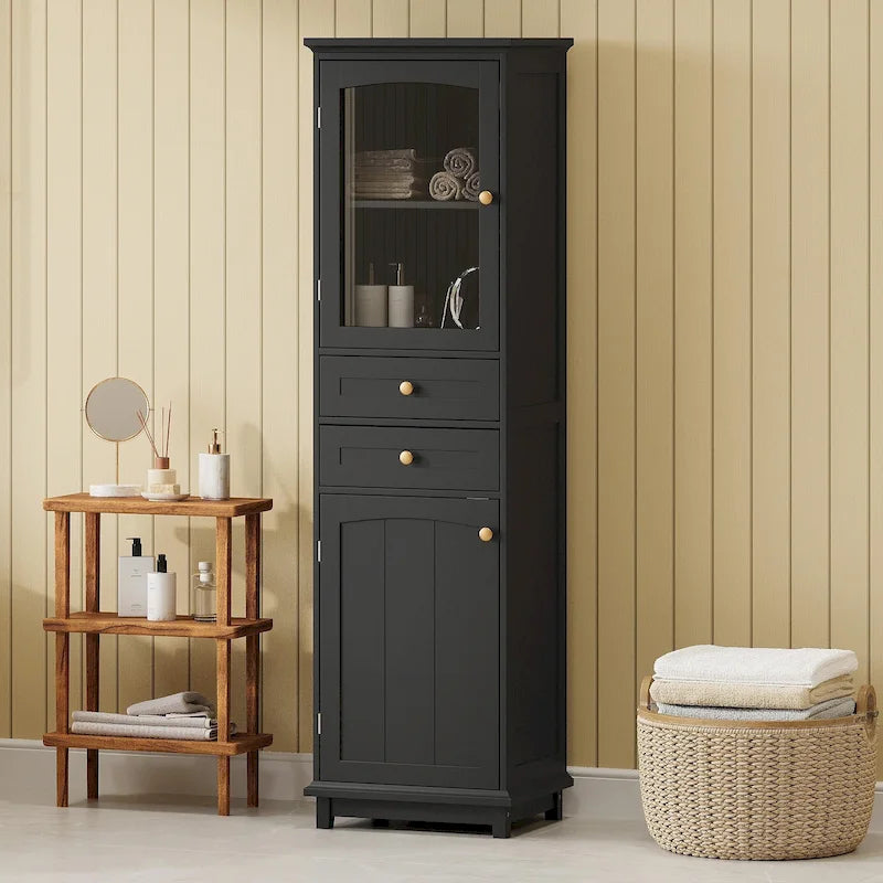 Armoire de rangement de salle de bain haute sur pied avec portes vitrées et deux tiroirs