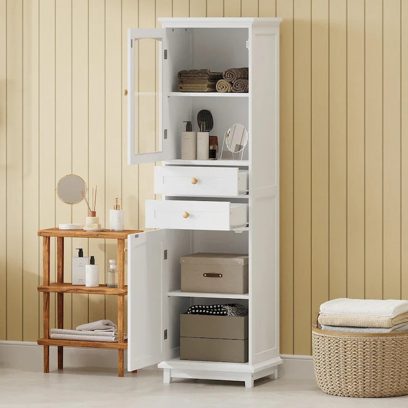 Armoire de rangement de salle de bain haute sur pied avec portes vitrées et deux tiroirs