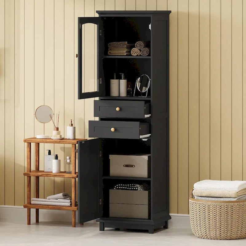 Armoire de rangement de salle de bain haute sur pied avec portes vitrées et deux tiroirs