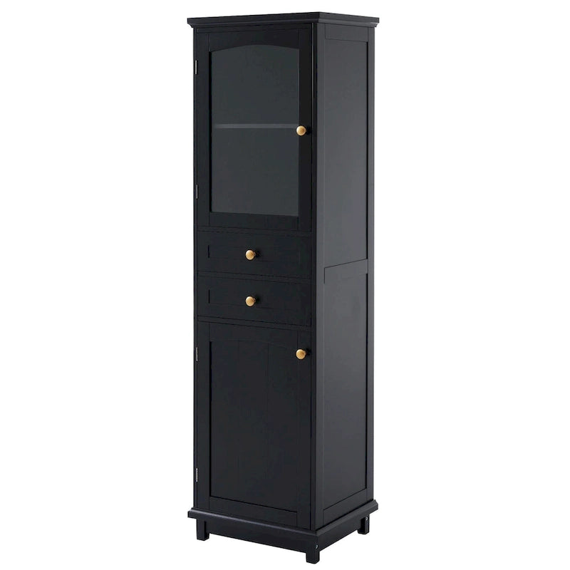 Armoire de rangement de salle de bain haute sur pied avec portes vitrées et deux tiroirs