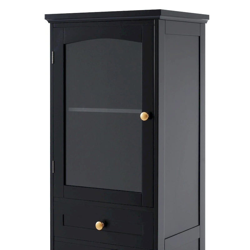 Armoire de rangement de salle de bain haute sur pied avec portes vitrées et deux tiroirs