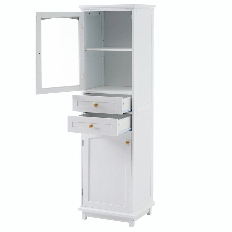 Armoire de rangement de salle de bain haute sur pied avec portes vitrées et deux tiroirs