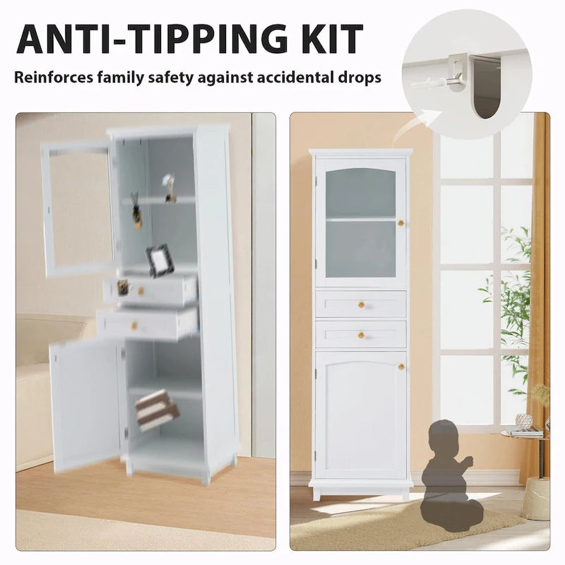 Armoire de rangement de salle de bain haute sur pied avec portes vitrées et deux tiroirs